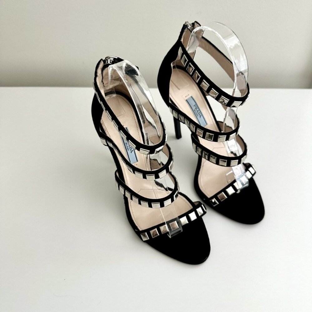 PRADA Black Suede Silver Studded Strappy Sandals Heels Size 38.5 (US 8.5)